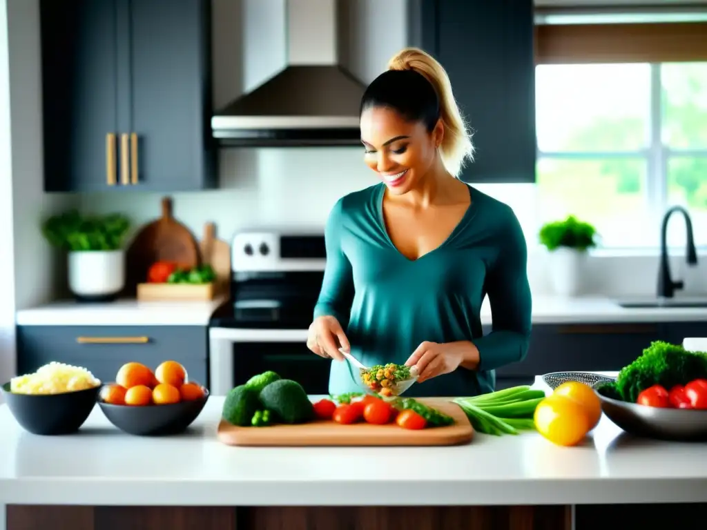 Una mujer prepara una saludable comida cetogénica en una cocina moderna y luminosa. La imagen irradia equilibrio, salud y practicidad, capturando la esencia de la combinación de la dieta cetogénica y el ayuno intermitente en el uso diario.