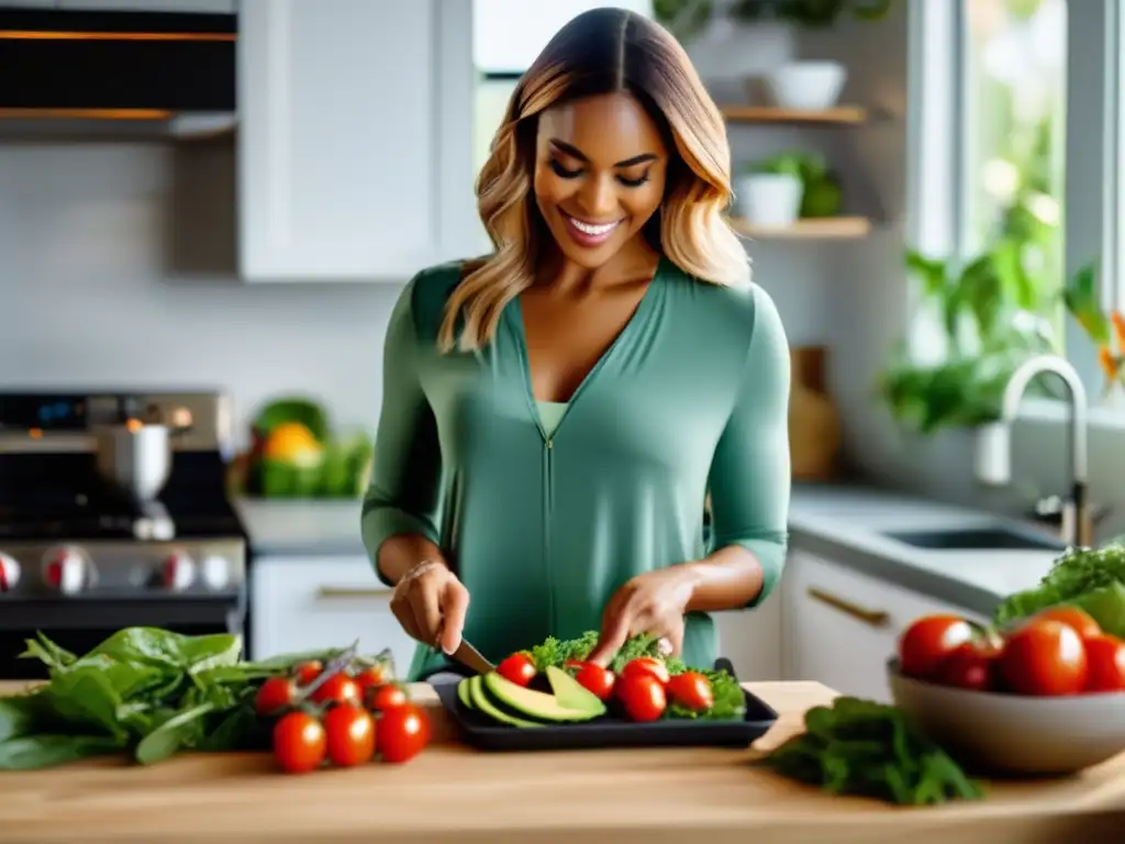 Una mujer segura prepara una comida cetogénica en una cocina luminosa, reflejando el impacto positivo en su autoestima.