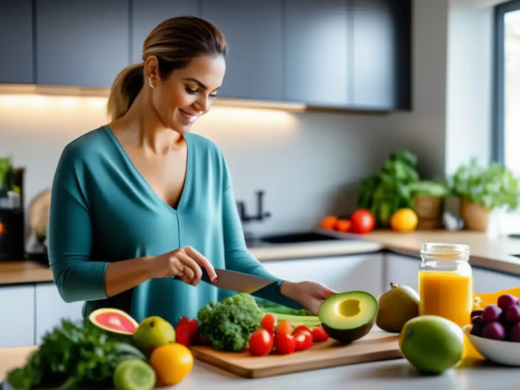 Una mujer con síndrome de ovario poliquístico prepara una comida cetogénica saludable en una cocina moderna y bien iluminada, enfocándose en alimentos vibrantes y nutritivos.