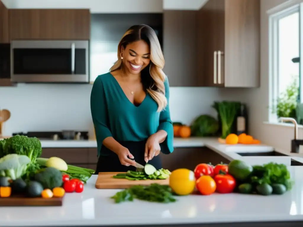 Una mujer con síndrome de ovario poliquístico sonríe mientras prepara una comida cetogénica saludable en su moderna cocina. <b>Mide ingredientes y organiza vegetales coloridos en la encimera, mostrando los alimentos vibrantes y ricos en nutrientes que forman parte de la dieta cetogénica para