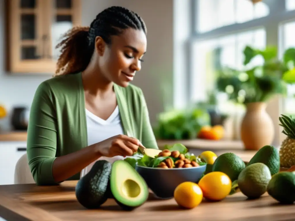 Una mujer con síndrome de ovario poliquístico (SOP) se sienta en una mesa de cocina, midiendo cuidadosamente porciones de alimentos saludables y amigables con la dieta cetogénica como aguacate, nueces y verduras de hojas verdes. Está enfocada y decidida