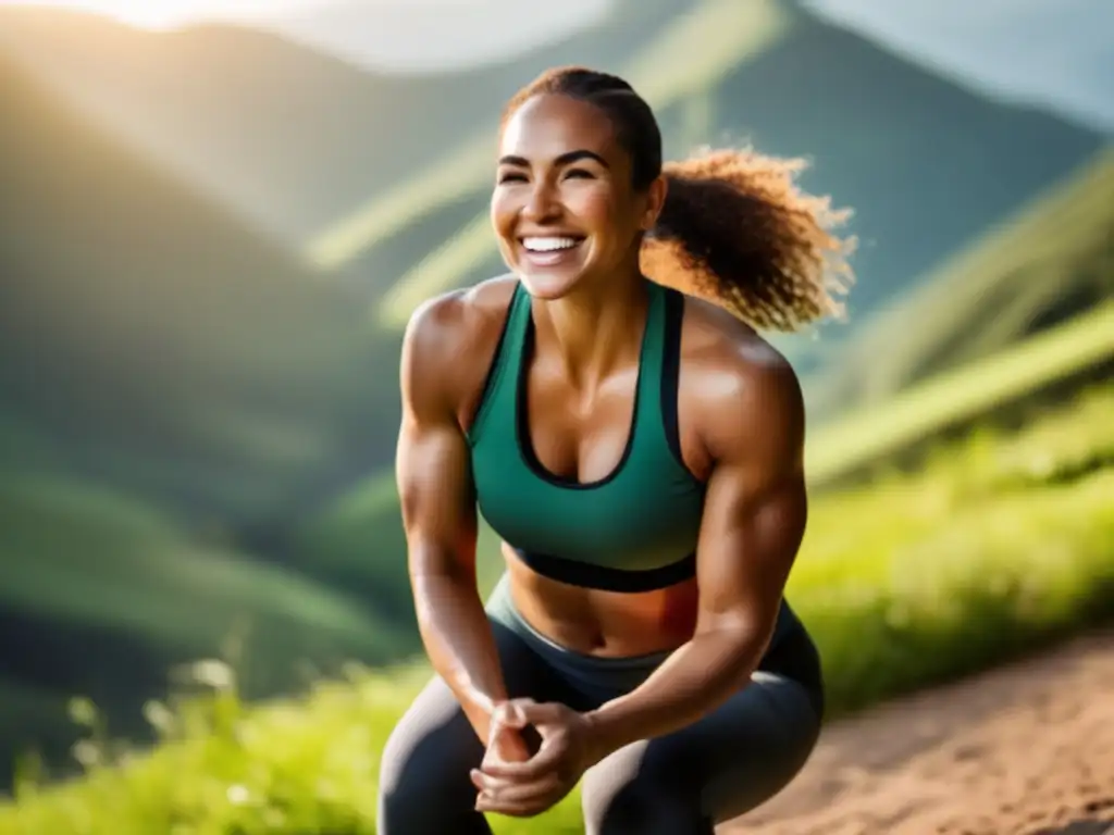 Una mujer sonriente hace ejercicio en la montaña, demostrando los efectos positivos de la dieta cetogénica en la salud ósea.