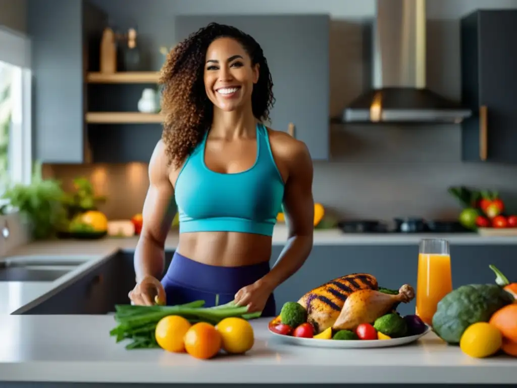 Una mujer sonriente sostiene un plato de pollo a la parrilla y verduras asadas frente a una cocina llena de alimentos coloridos y saludables. La luz natural realza los colores, creando una escena acogedora y nutritiva para reactivar la pérdida de grasa con la dieta cetogén