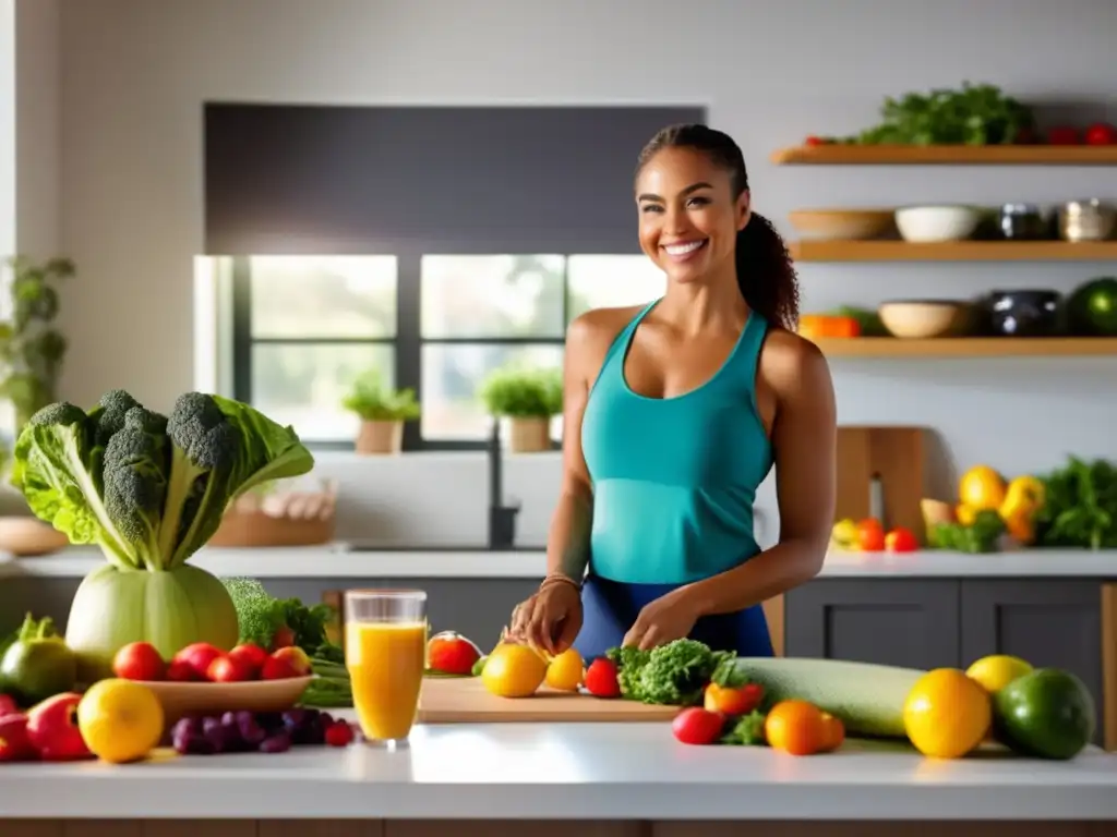 Una mujer sonriente y segura mide ingredientes frescos en una cocina luminosa. Metas realistas en dieta cetogénica