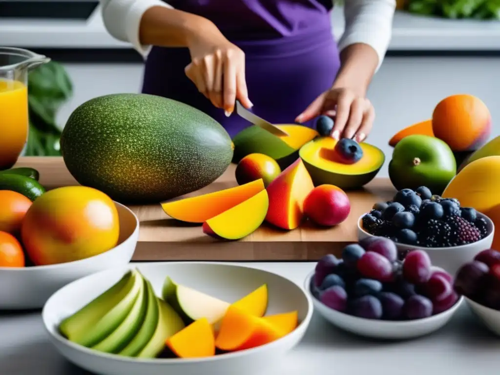 Una mujer prepara una variedad de frutas y verduras saludables y coloridas en una encimera de cocina moderna. El vibrante producto está ordenado en filas, mostrando una variedad de texturas y colores, desde verdes profundos y morados hasta naranjas brillantes y amarillos. Las manos de la mujer