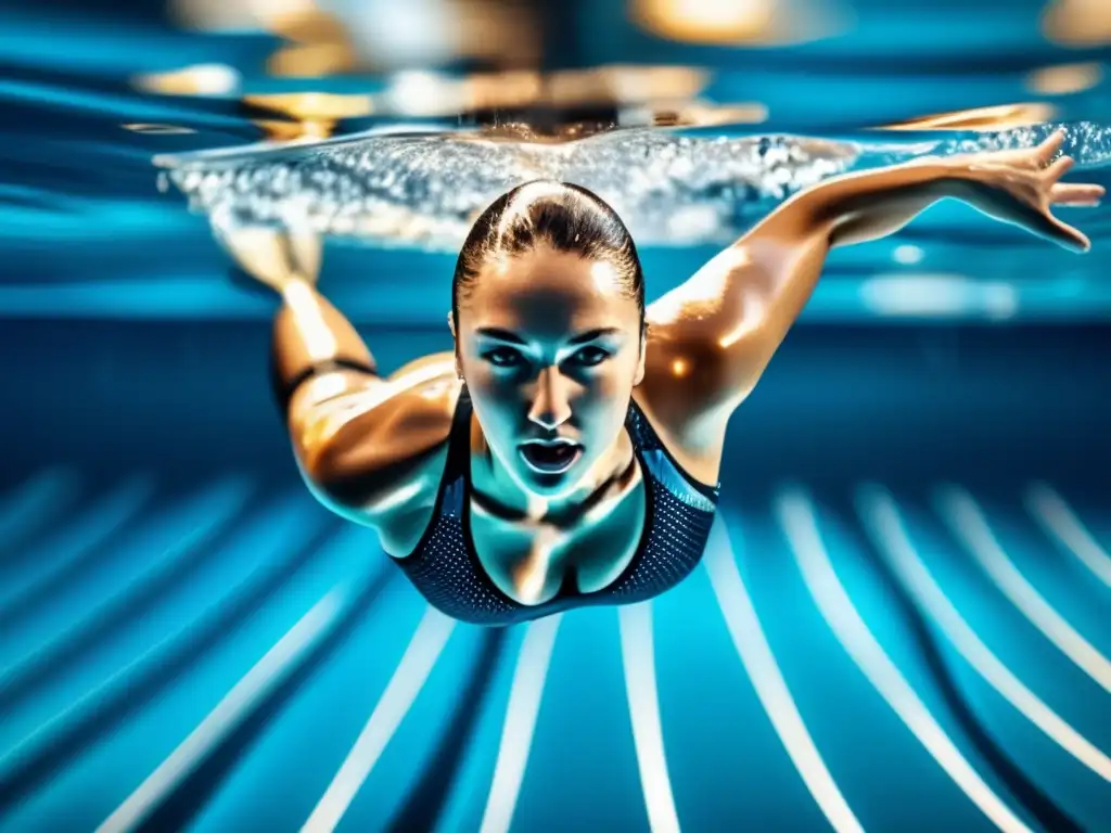 Un nadador profesional se sumerge con determinación en agua cristalina, reflejando la nutrición óptima para deportes acuáticos.