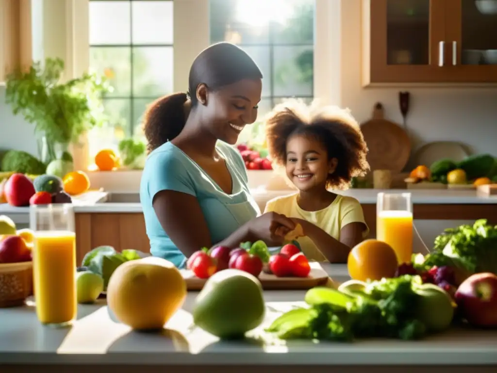 Una niña sonríe mientras observa una mesa llena de frutas, verduras y frutos secos, en una cocina luminosa y moderna. La preparación de una comida saludable destaca la importancia de la dieta cetogénica en el control de la epilepsia desde una perspectiva bioquímica.