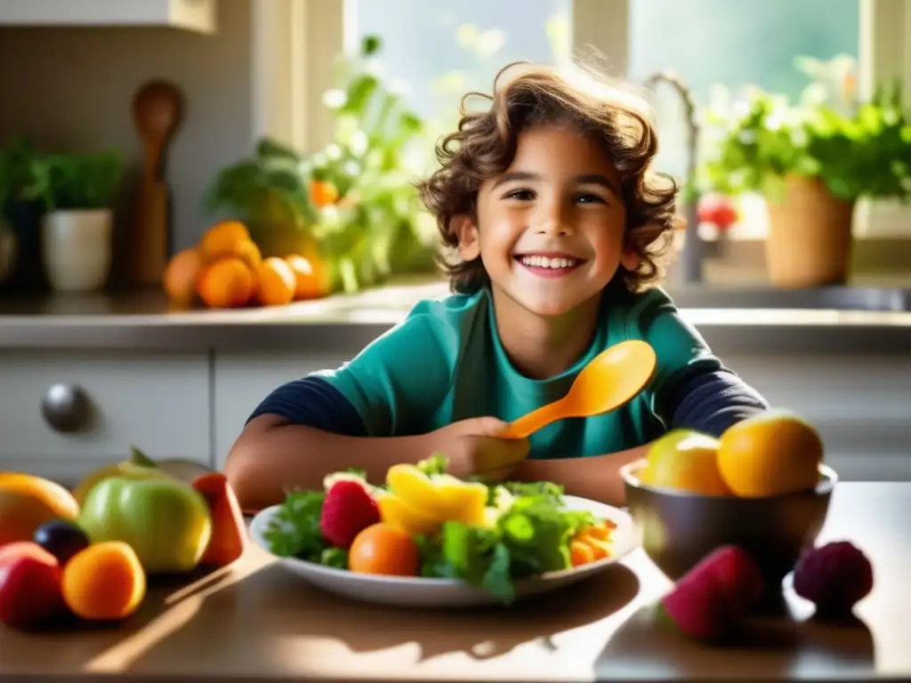 Un niño come frutas y verduras en la cocina con una sonrisa esperanzadora. Casos reales dieta cetogénica niños