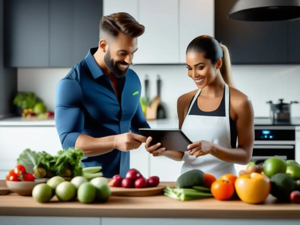 Una nutricionista profesional brinda consejos de adaptación a la dieta cetogénica a un atleta dedicado en una cocina moderna y vibrante.