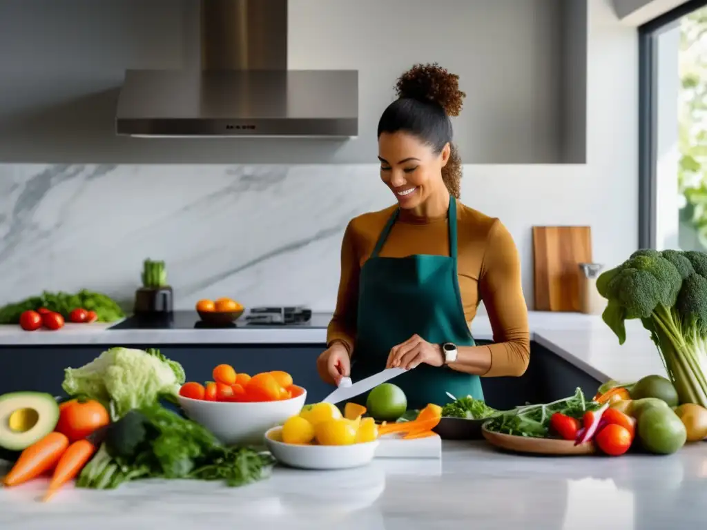 Un nutricionista profesional prepara meticulosamente ingredientes keto en una cocina minimalista. La escena transmite equilibrio y dedicación al manejo de la ansiedad precompetitiva.