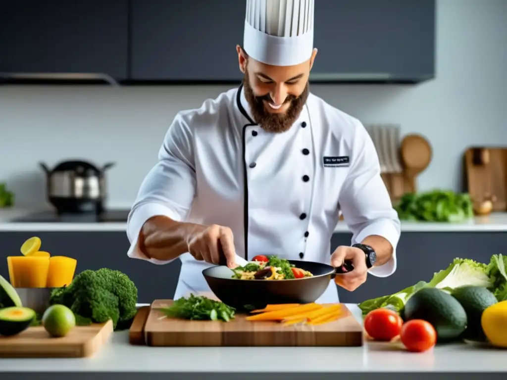 Un nutricionista profesional prepara un menú cetogénico para deportistas con ingredientes frescos y moderno equipo de cocina.