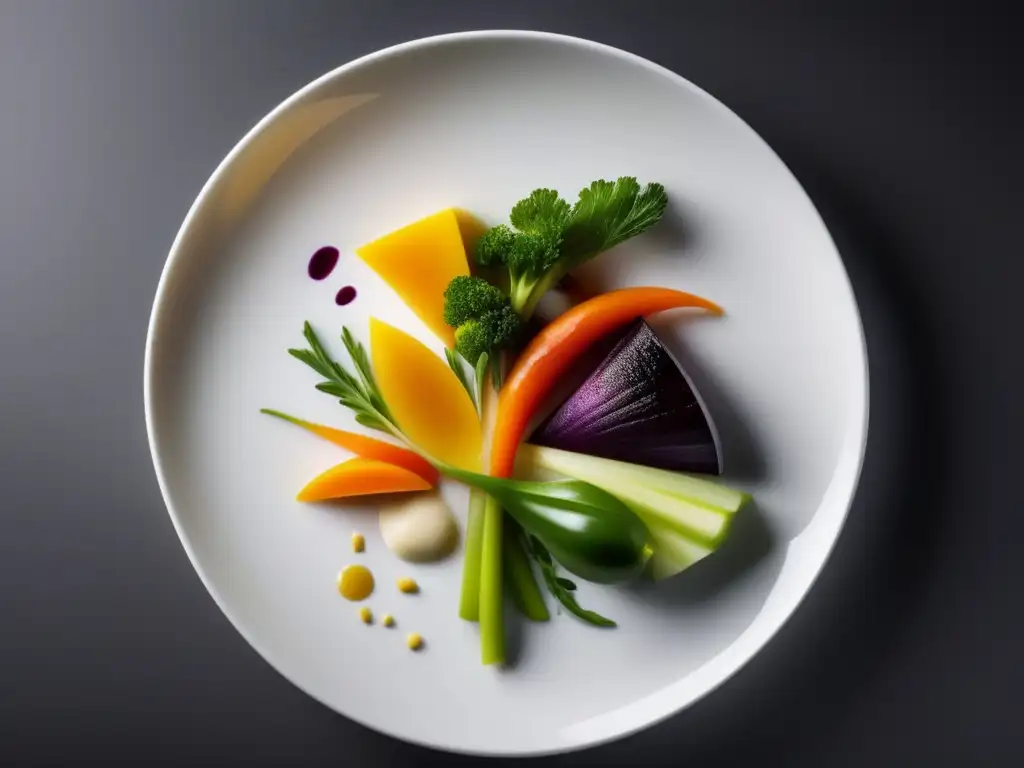 Una obra de arte culinaria con vegetales vibrantes y coloridos, reflejando la meticulosidad de la cocina cetogénica multicultural innovadora.