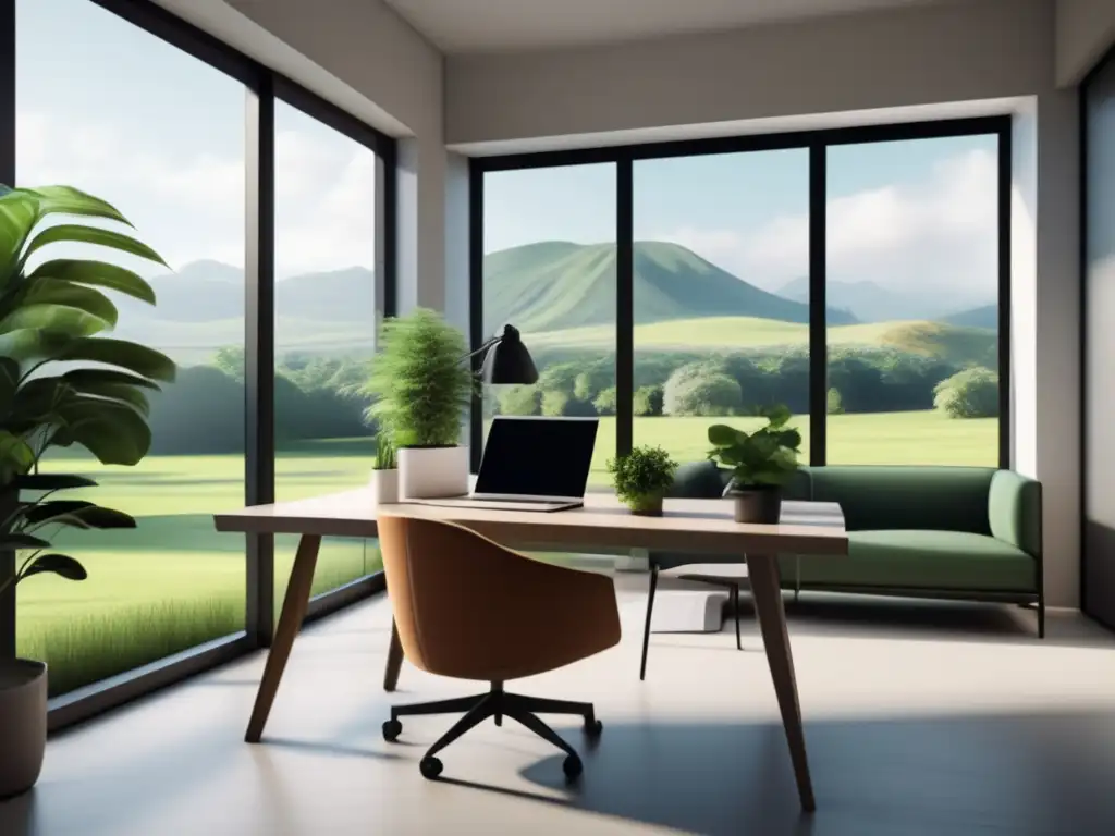 Oficina moderna con vista a paisaje verde y sereno