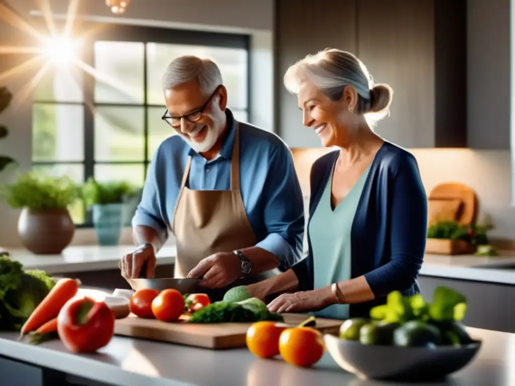 'Una pareja de ancianos cocina en una cocina moderna, disfrutando los beneficios de la dieta cetogénica en su salud y bienestar'.