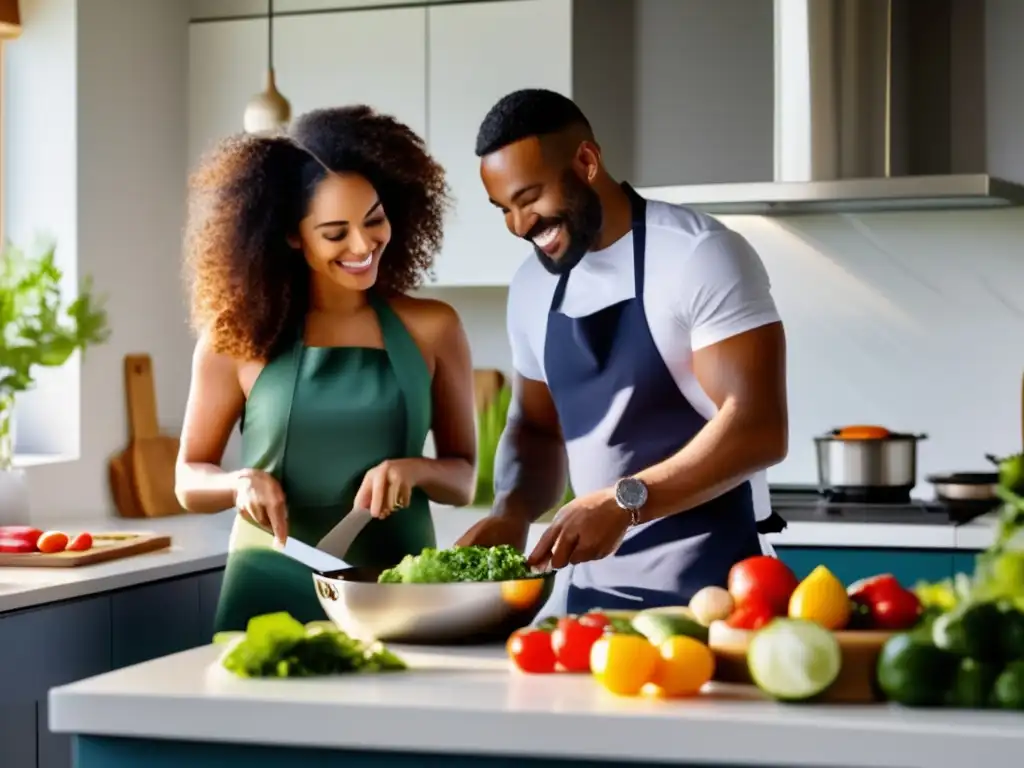 Una pareja prepara una comida colorida y vibrante en una cocina moderna, transmitiendo la alegría de cocinar juntos en una dieta cetogénica.