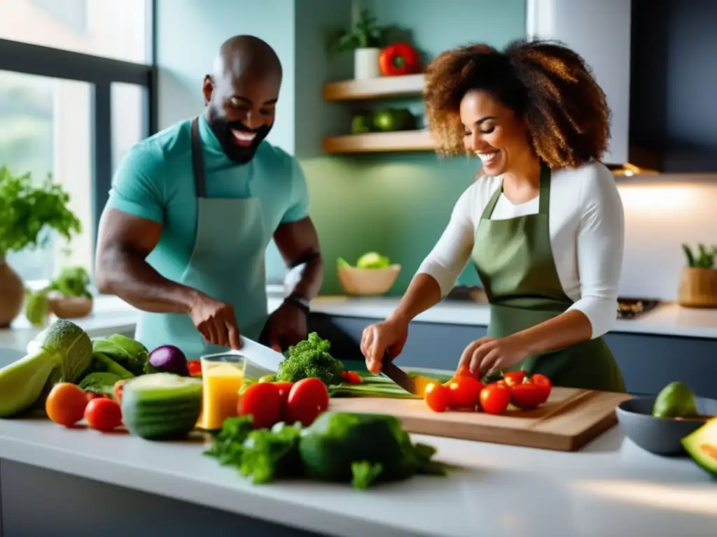 Una pareja prepara juntos una colorida y vibrante comida cetogénica en una moderna cocina bien iluminada. <b>El hombre corta verduras frescas mientras la mujer organiza una variedad de ingredientes cetogénicos en el mostrador.</b> La luz natural que entra por la ventana resalta las texturas y colores vibrantes de la