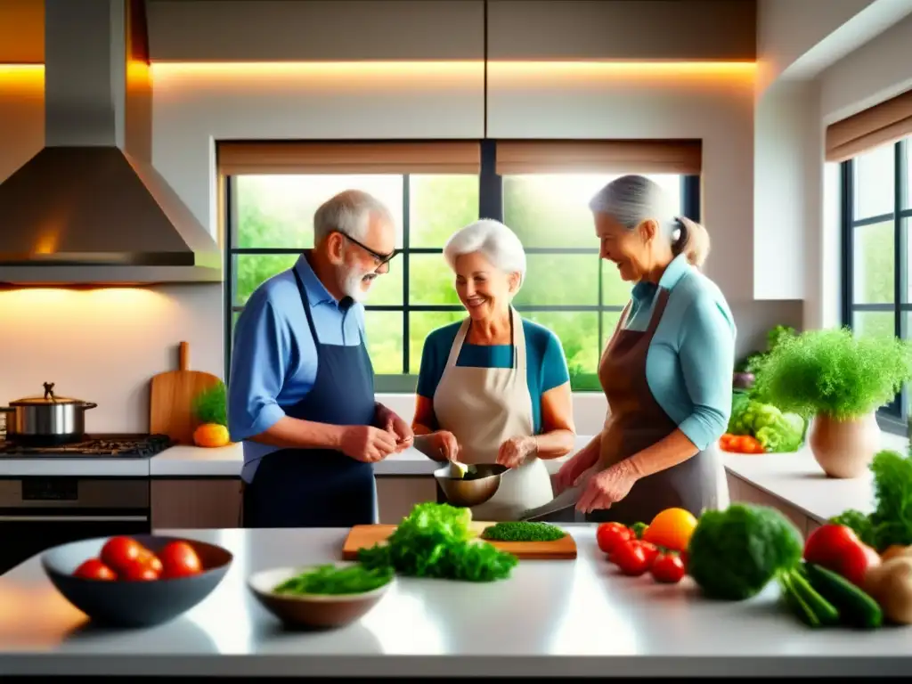 'Una pareja mayor cocina en una cocina moderna, disfrutando de los beneficios de la dieta cetogénica ancianos con ingredientes frescos y amor.'