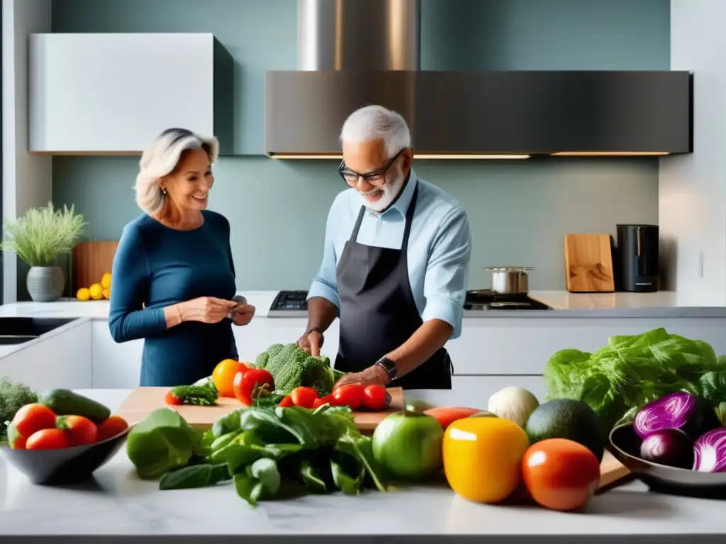 Una pareja mayor disfruta de la preparación de una comida cetogénica en una cocina moderna y luminosa. Los beneficios de la dieta cetogénica para personas mayores se reflejan en esta escena de bienestar y vitalidad.