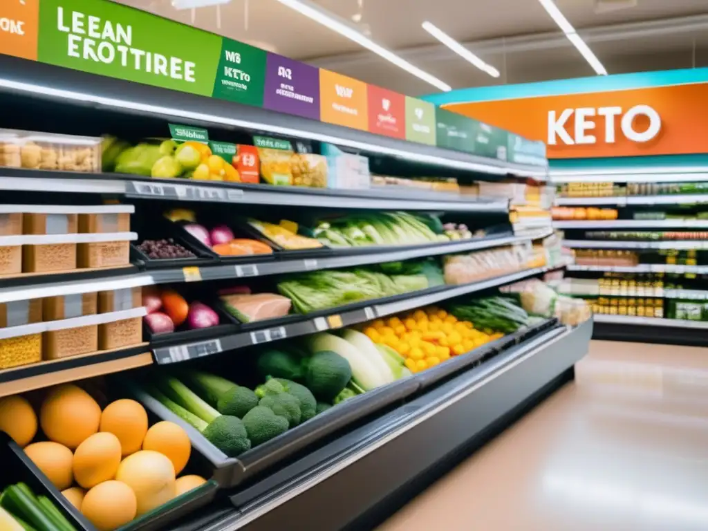 Un pasillo de supermercado rebosante de productos cetogénicos, con estantes organizados y un sello cetogénico que influye en las compras.