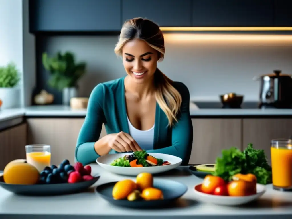 Una persona practica el ayuno intermitente con una comida saludable en una mesa moderna. La imagen transmite disciplina y bienestar.