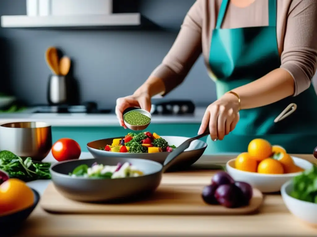 Una persona prepara un colorido y atractivo plato cetogénico en una cocina moderna y bien iluminada, mostrando ingredientes frescos y utensilios de cocina elegantes. La imagen irradia arte culinario contemporáneo y alimentación saludable, capturando la esencia de las dietas cetogénicas