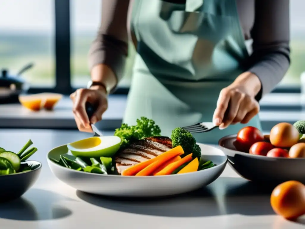 Una persona prepara una comida balanceada en una cocina luminosa, transmitiendo los beneficios del ayuno intermitente y la cetosis.