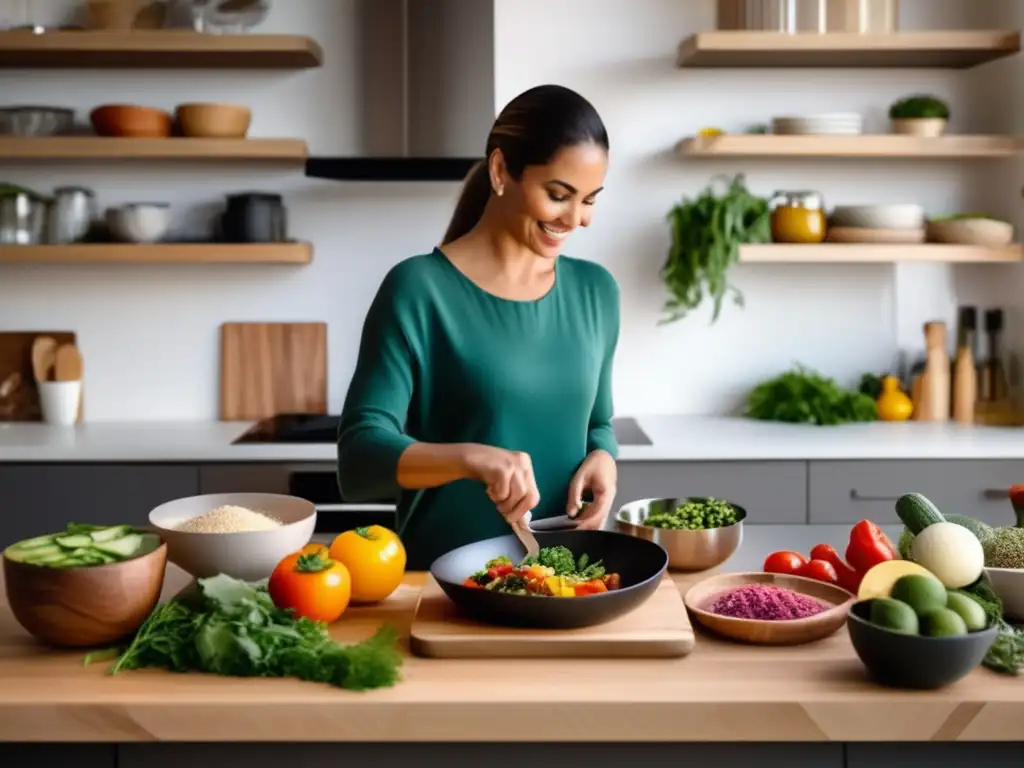 Una persona preparando una comida cetogénica en una cocina moderna y luminosa. <b>Ingredientes frescos y utensilios de cocina organizados transmiten habilidad y practicidad.</b> Cursos online dieta cetogénica.