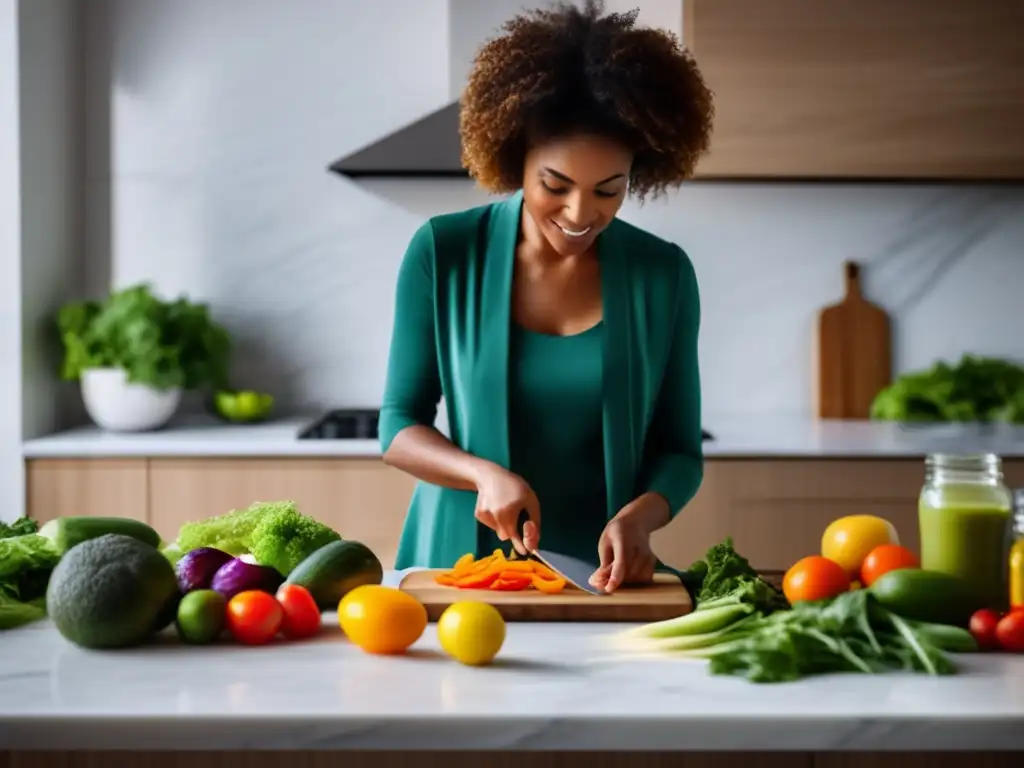 Una persona prepara una comida cetogénica colorida en una cocina minimalista, iluminada por luz natural. Refleja la intencionalidad de la dieta cetogénica para razones personales.