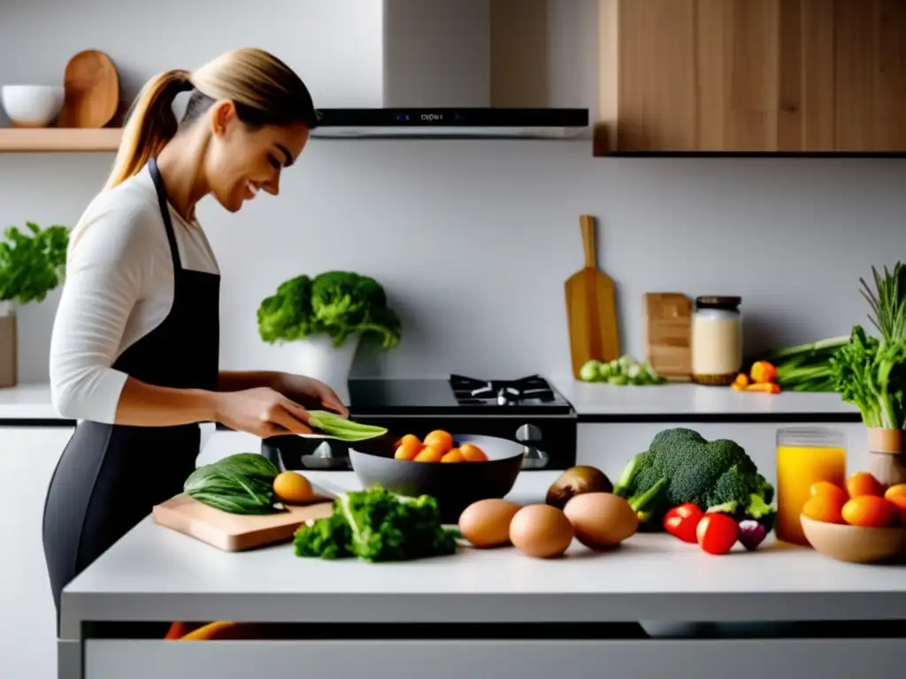 Una persona prepara una comida cetogénica saludable en una cocina moderna y bien iluminada, con ingredientes frescos y organización impecable.