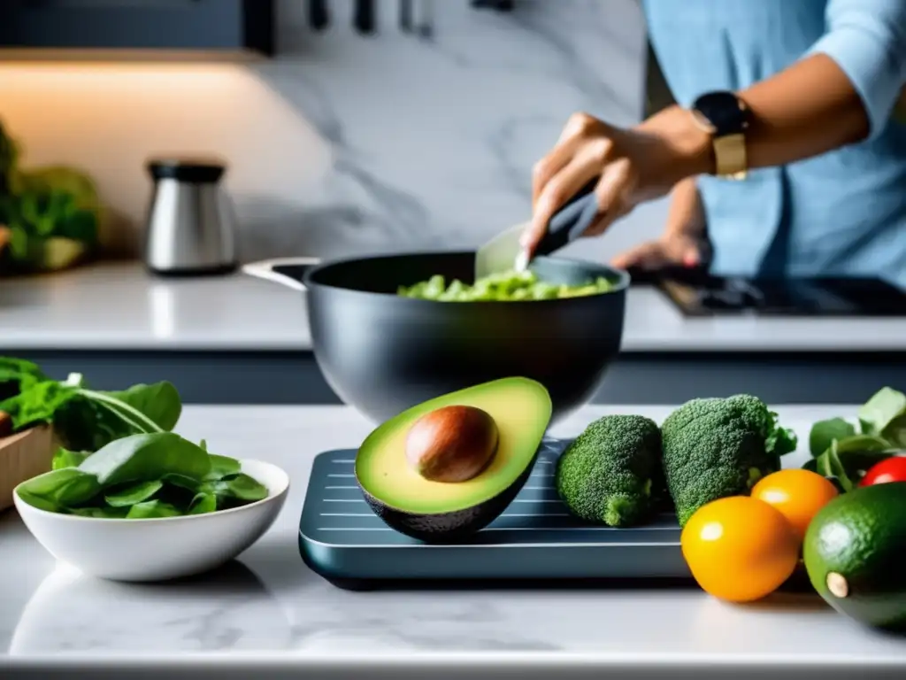 Una persona preparando una comida cetogénica saludable en una cocina moderna y bien iluminada, con ingredientes frescos y coloridos. Muestra meticulosidad y enfoque en la dieta cetogénica.