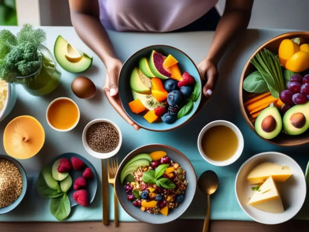 Una persona disfruta de una comida consciente rodeada de alimentos saludables y coloridos en una mesa bellamente decorada, transmitiendo una sensación de bienestar y empoderamiento en la dieta cetogénica y resiliencia psicológica.