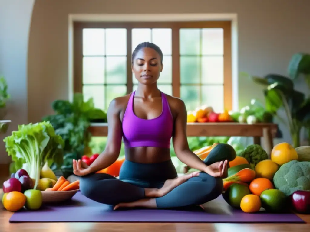 Una persona practica mindfulness en la dieta cetogénica rodeada de frutas y verduras coloridas, creando una atmósfera serena y equilibrada.