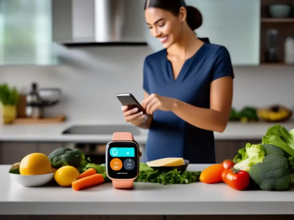 Preparando comida keto con smartwatch en cocina moderna Una persona ajusta dieta cetogénica con wearables mientras prepara una comida saludable en una cocina moderna y luminosa.