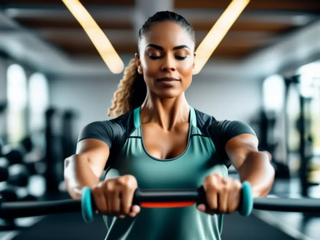 Una persona realizando ejercicios de terapia física en un gimnasio moderno, mostrando determinación y fuerza en su recuperación.