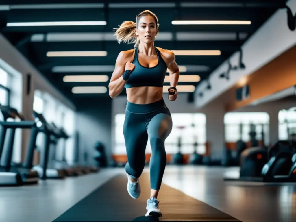 'Persona entrenando en un gimnasio moderno con intensidad, reflejando la rutina de ejercicio en dieta cetogénica.'