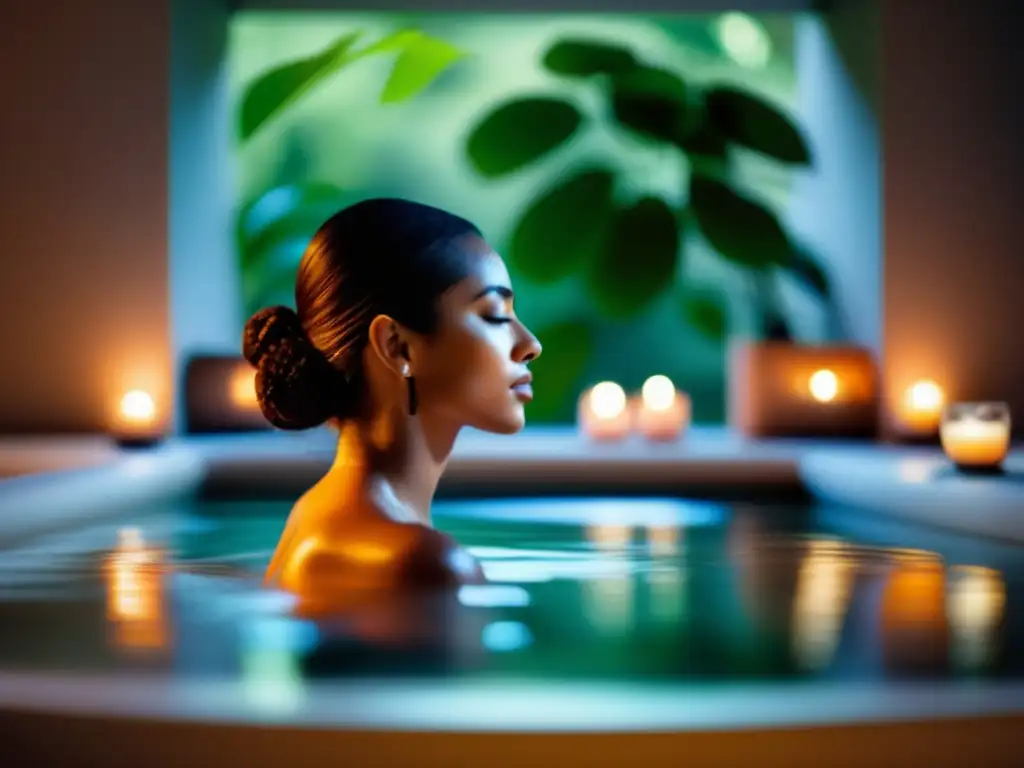 Una persona disfruta de la hidroterapia en un spa moderno y minimalista, creando un ambiente de tranquilidad y relajación compatible con técnicas cetogénicas.