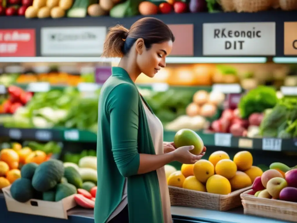 Una persona elige cuidadosamente ingredientes saludables y orgánicos en un mercado, transmitiendo ética en promoción dieta cetogénica.