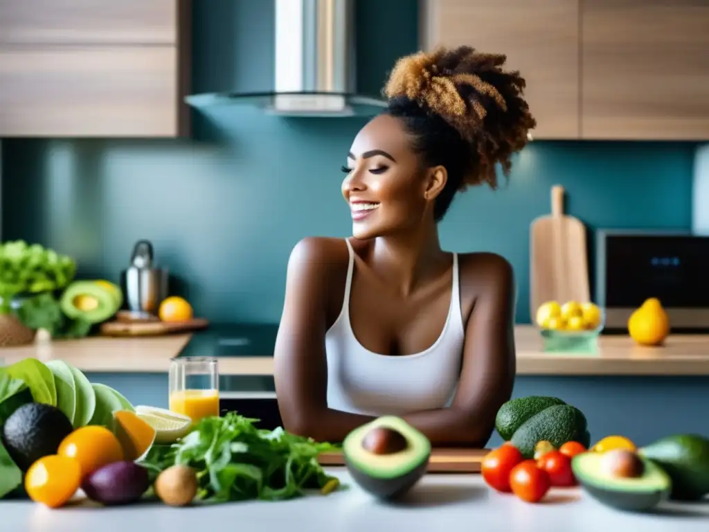 Una persona con piel radiante disfrutando de una dieta cetogénica para psoriasis en una cocina moderna llena de alimentos saludables y coloridos.