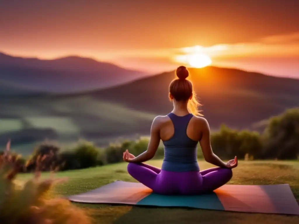 Persona en pose de yoga al atardecer, transmitiendo serenidad y paz. Escena natural que complementa el artículo sobre la dieta cetogénica y el manejo de la ira.