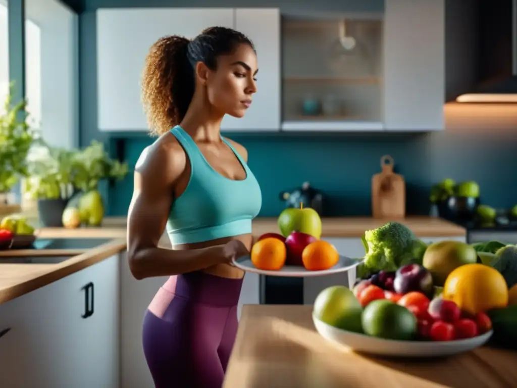 Una persona en ropa deportiva practica ayuno intermitente en una cocina soleada, potenciando la dieta cetogénica con alimentos nutritivos y coloridos.