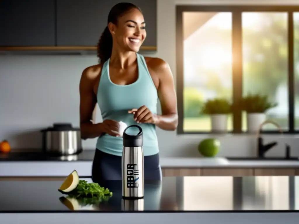 Una persona en ropa deportiva sosteniendo un bote de polvo de BHB exógenos, en una cocina moderna con luz natural. BHB Exógenos en la Cetosis