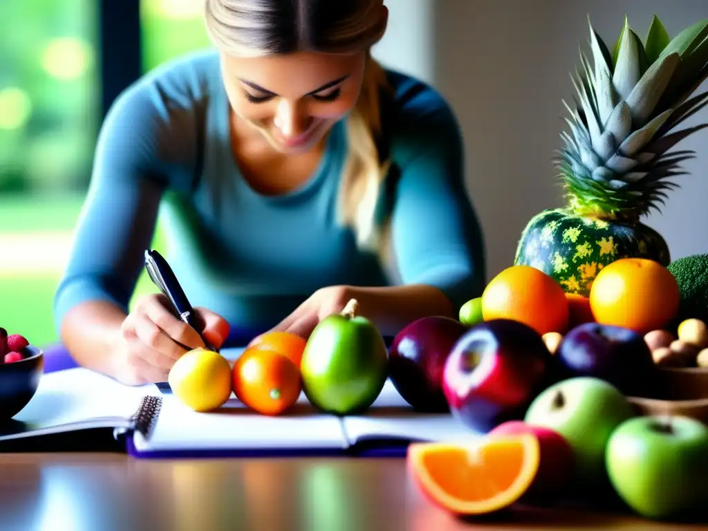 Persona tranquila y enfocada contando nutrientes en dieta cetogénica rodeada de alimentos coloridos.