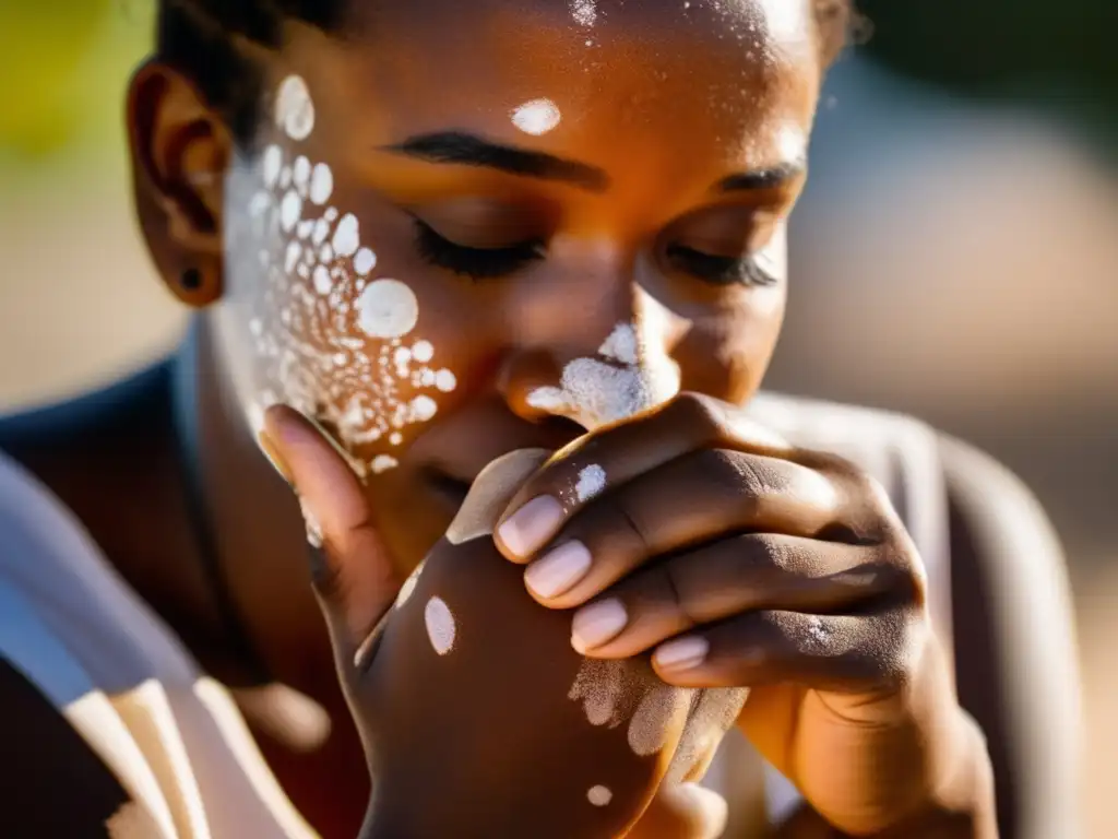 Una persona con vitiligo aplica protector solar, mostrando la belleza de su piel. Relación entre vitiligo y dieta cetogénica.