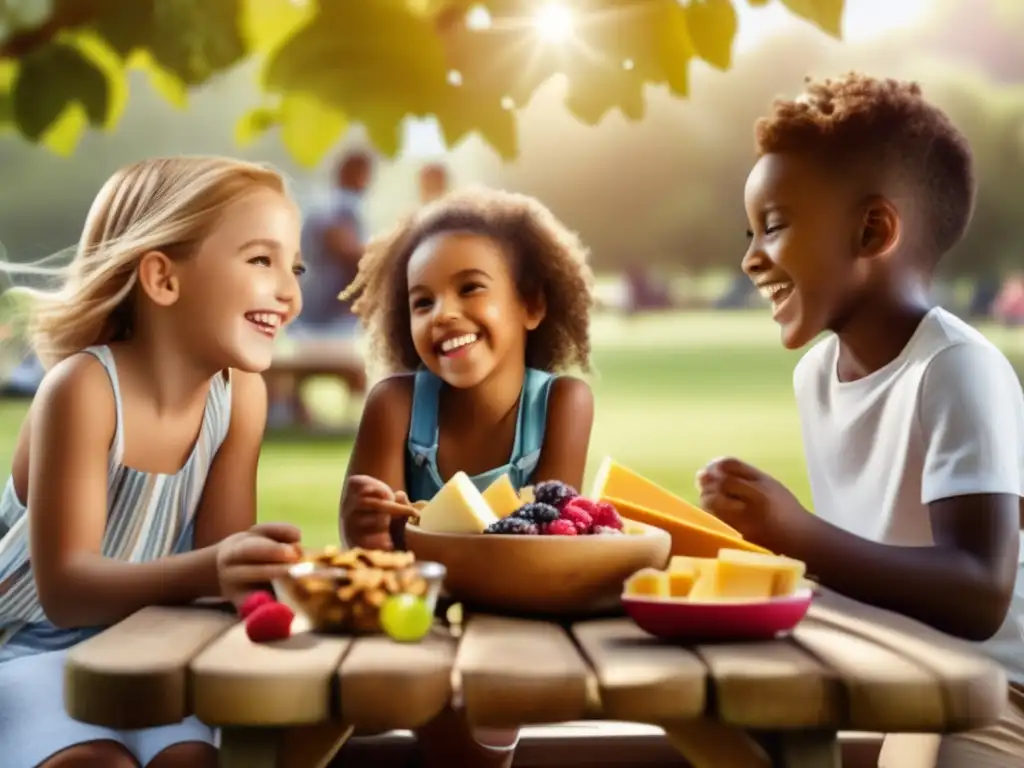 Un picnic en el parque con niños felices disfrutando de alternativas cetogénicas saludables como nueces, bayas y queso.