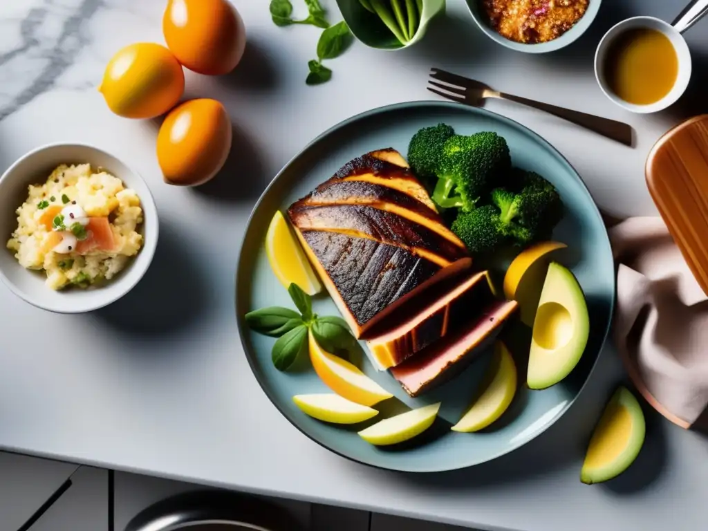 Un plan de comidas cetogénicas para deportistas, artísticamente dispuesto en una elegante cocina moderna, irradiando vitalidad y equilibrio.