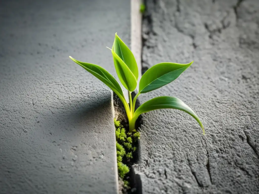 Una planta verde exuberante brota de una grieta en la pared de concreto, simbolizando resiliencia y crecimiento en transición, con detalles intrincados y luz cálida.