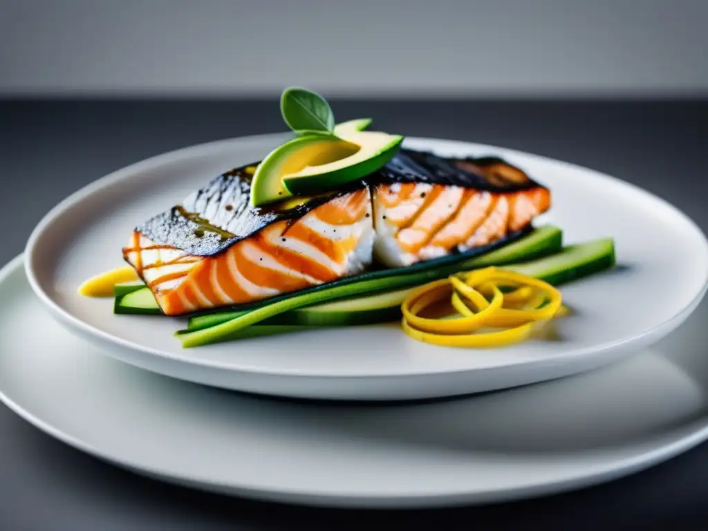 Plato cetogénico 3D: Salmón, aguacate y zoodles