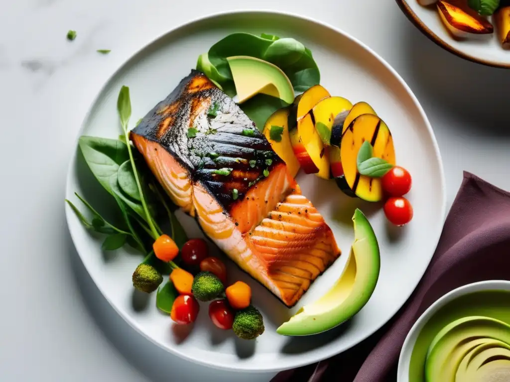 Un plato de alimentos coloridos y saludables, como salmón a la parrilla, vegetales asados, aguacate y hojas verdes, arreglados de forma elegante en un plato blanco minimalista. El salmón está perfectamente sellado con una costra dorada, y los vegetales brillan con