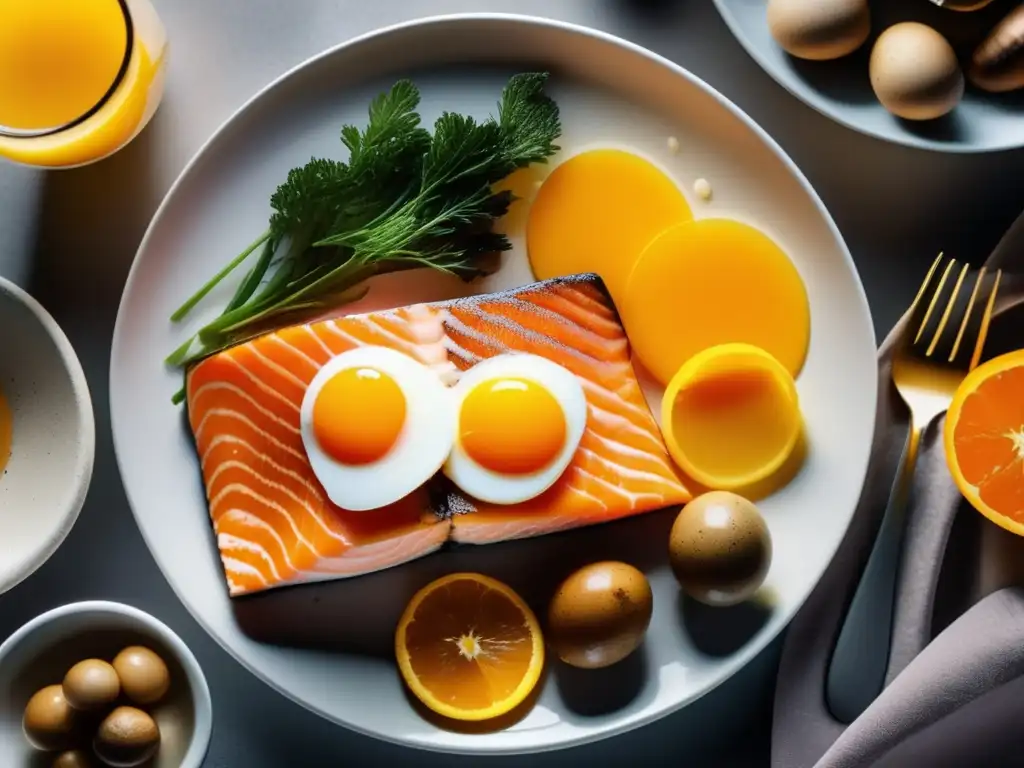 Un plato con alimentos ricos en Vitamina D en una dieta cetogénica, en un entorno de cocina moderna y minimalista.