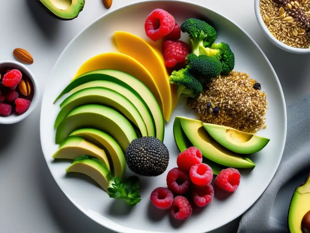 Un plato blanco minimalista rebosante de fuentes de fibra en dieta cetogénica, con chía, linaza, frambuesas, brócoli, aguacate y almendras.